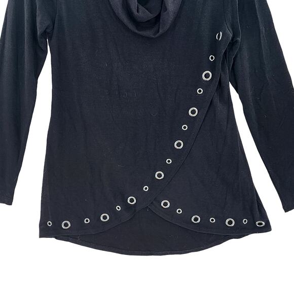 Belldini Women's Tunic Sweater Cowl Neck Top Black Turtleneck Grommet Medium - Picture 3 of 9